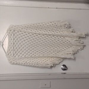 Handmade Crochet Cream Open Knit Shawl Boho Fringe Blanket Shawl